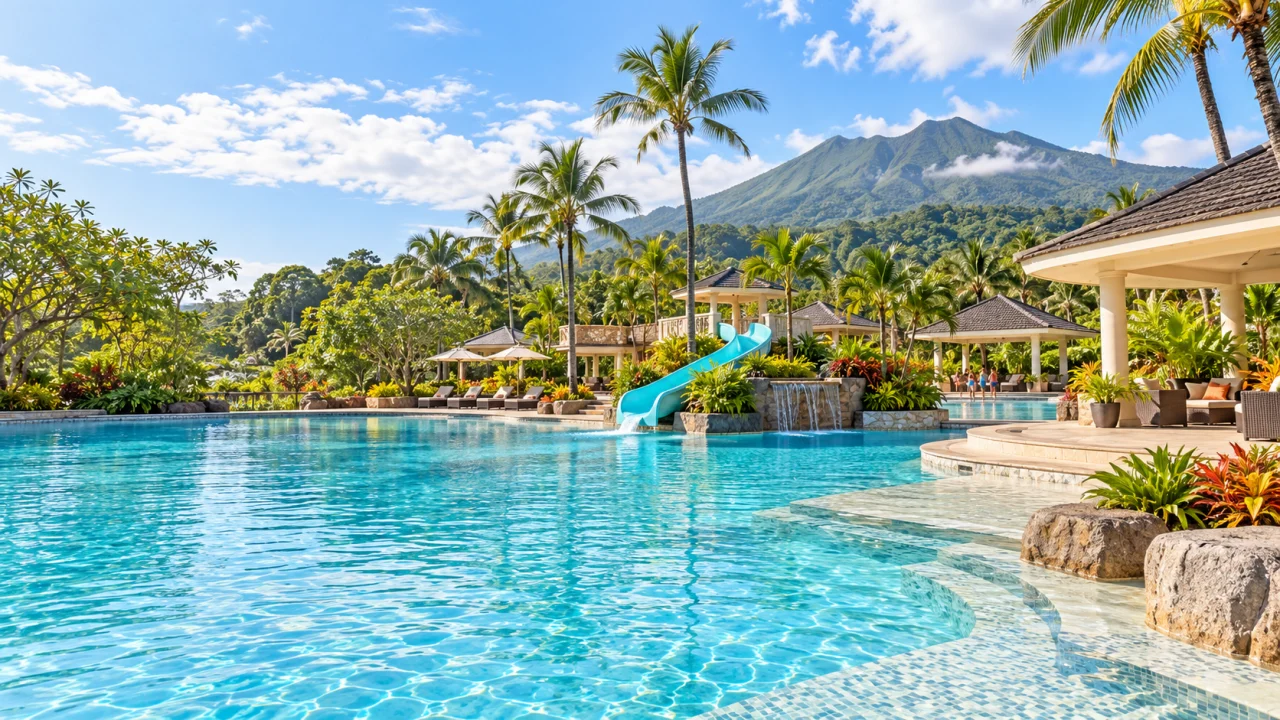 Illustrative warm-spring resort pool with tropical gardens and Mount Makiling