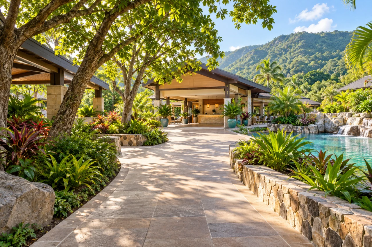 Accessible tree-lined arrival path leading to a resort pavilion