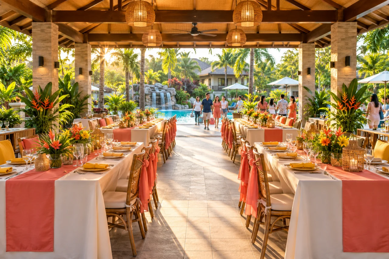 Open-air resort pavilion prepared for a group gathering