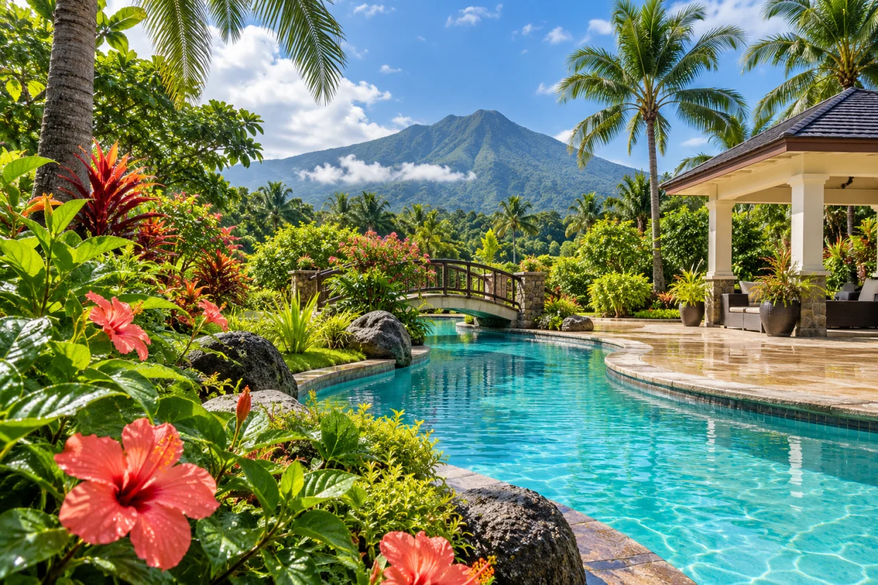 Bright landscaped pool garden with a mountain backdrop