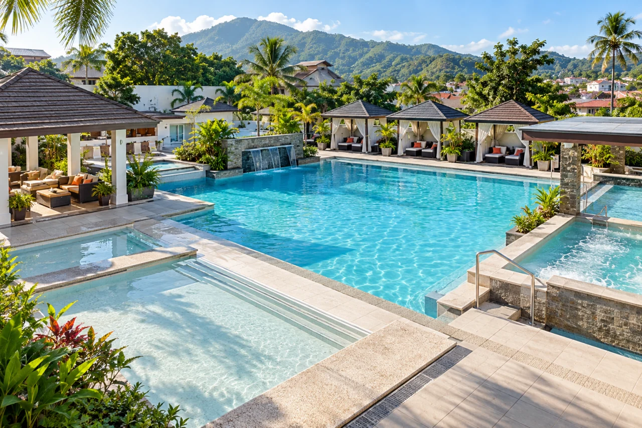 Bright panoramic warm-spring pool overview for rate planning