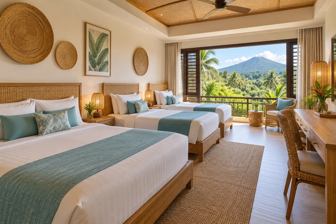 Bright tropical group room with a mountain view
