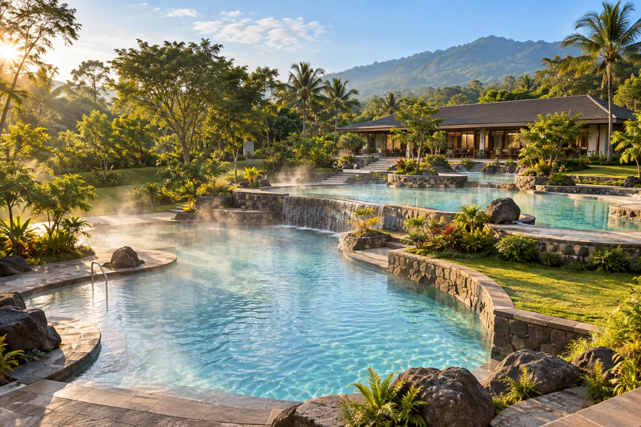 Editorial concept of a landscaped Calamba hot-spring resort complex