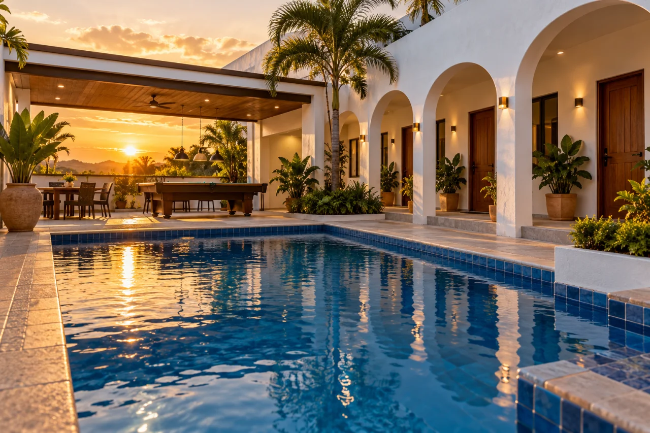 Editorial concept of a Mediterranean-influenced private pool and activity terrace
