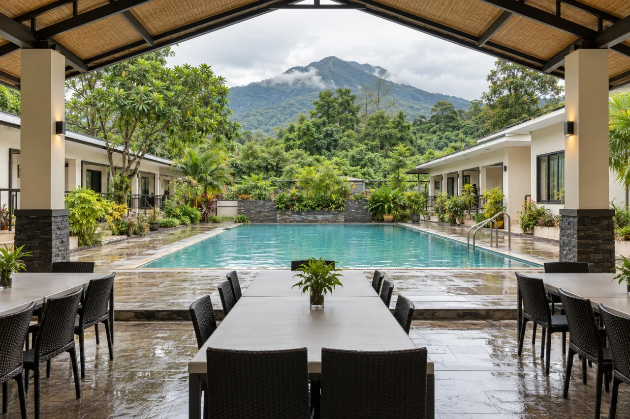 Editorial concept of a Pansol pool viewed from a group pavilion