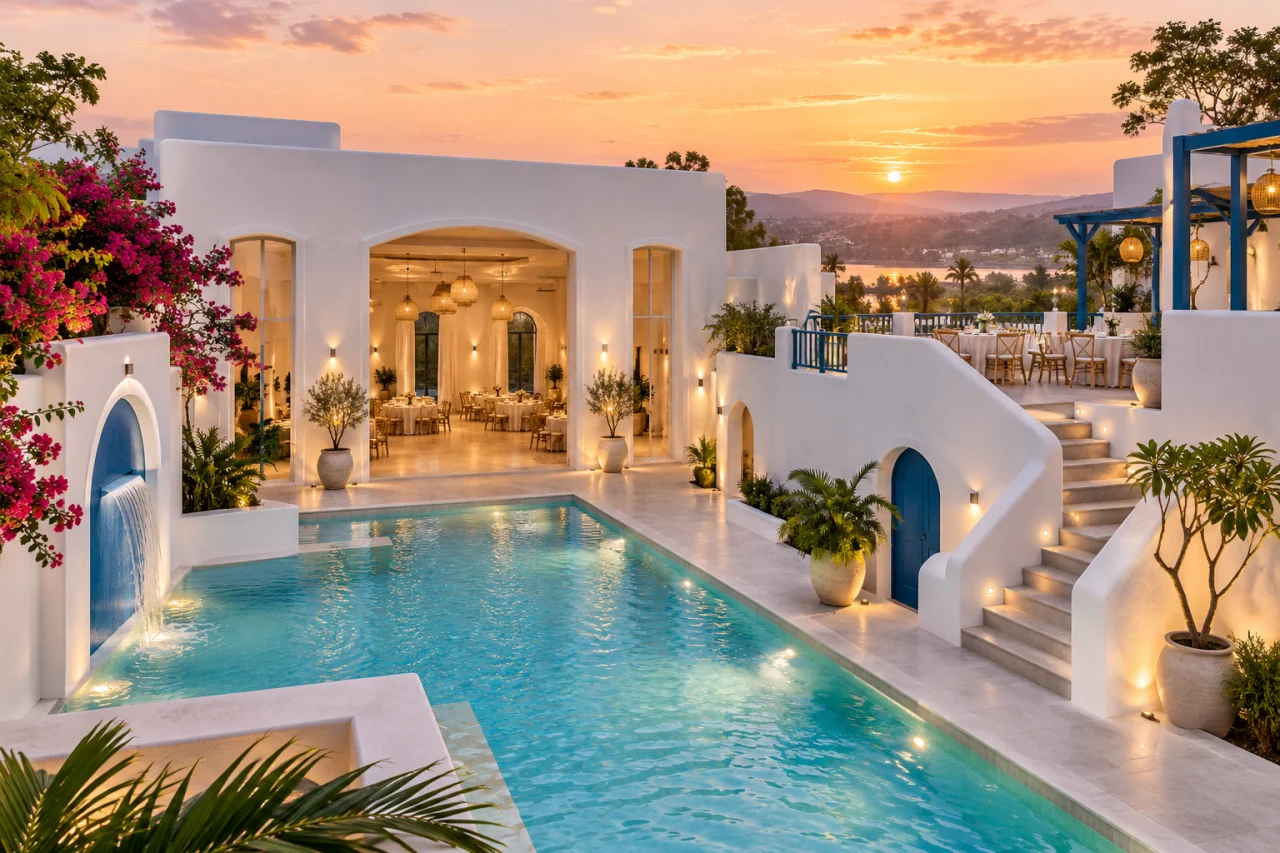 Editorial concept of a Santorini-inspired pool and events venue at dawn