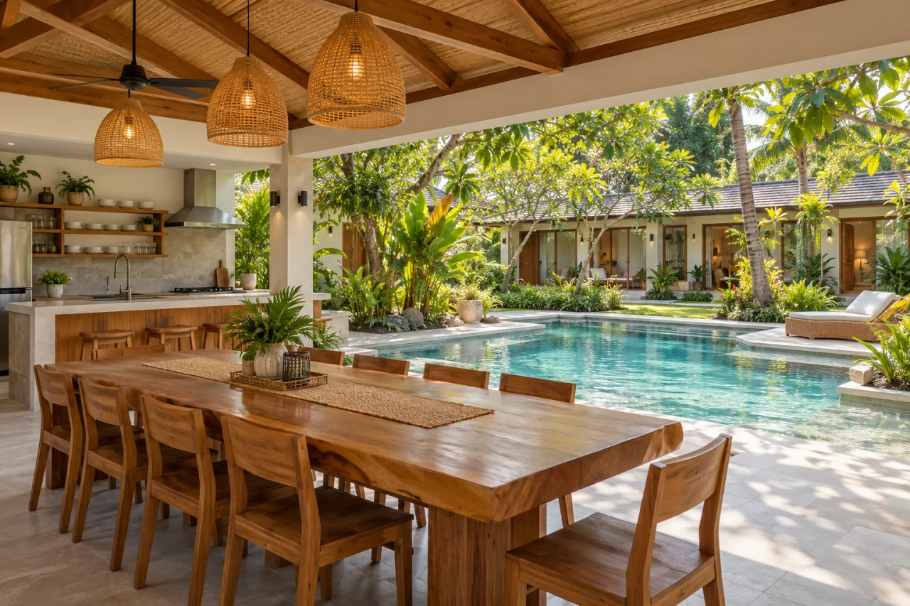 Editorial concept of a self-catering pavilion overlooking a natural-spring pool