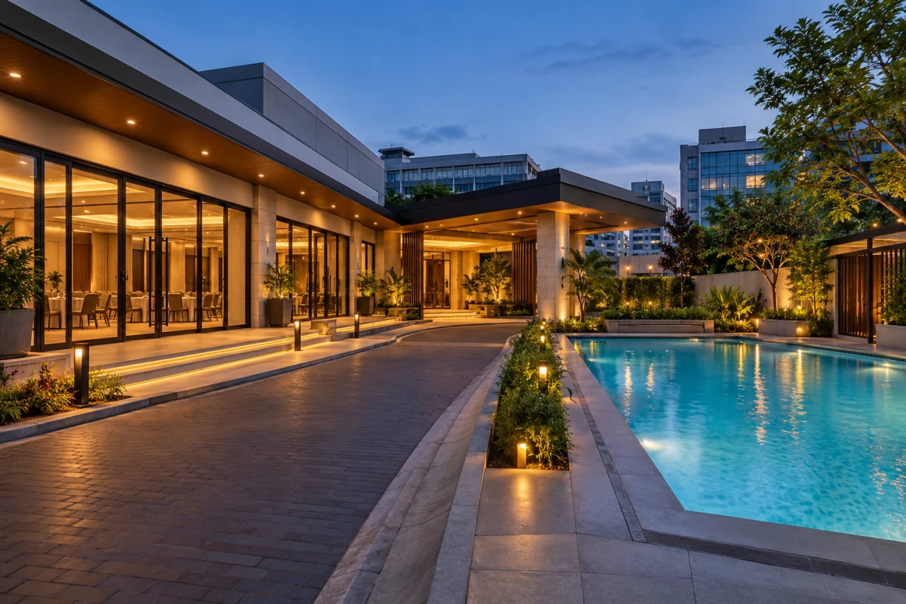 Editorial concept of a Calamba conference resort courtyard at blue hour