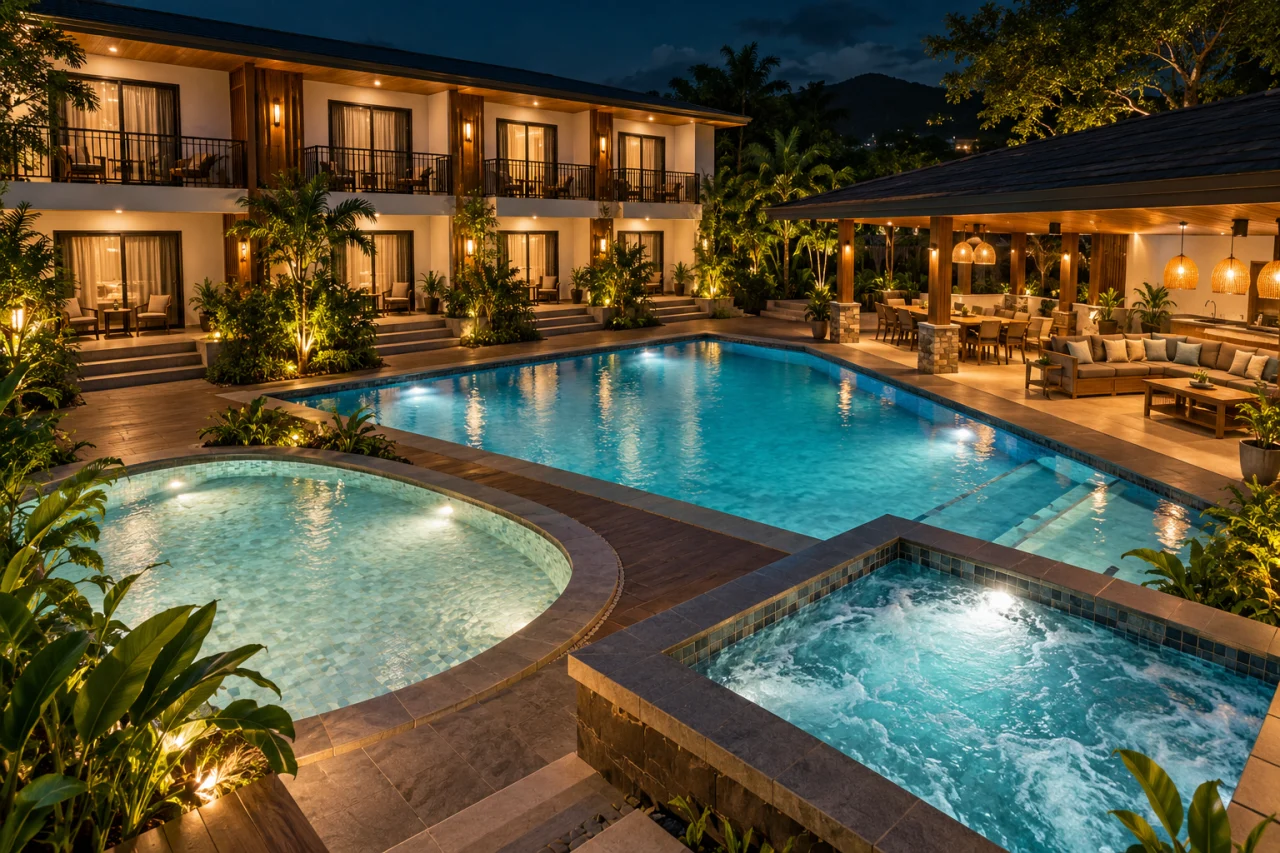 Editorial concept of three pool zones and a large group guest wing at night