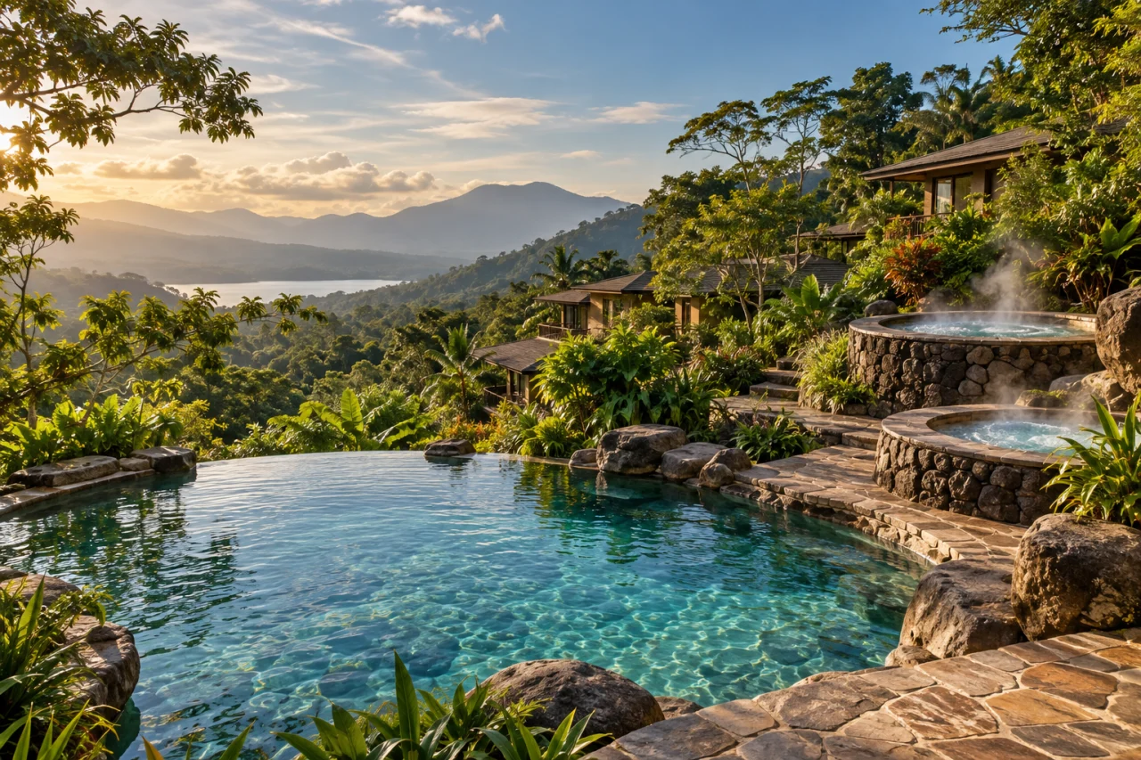 Editorial concept of a mountain lagoon pool and hillside hot-spring jacuzzis