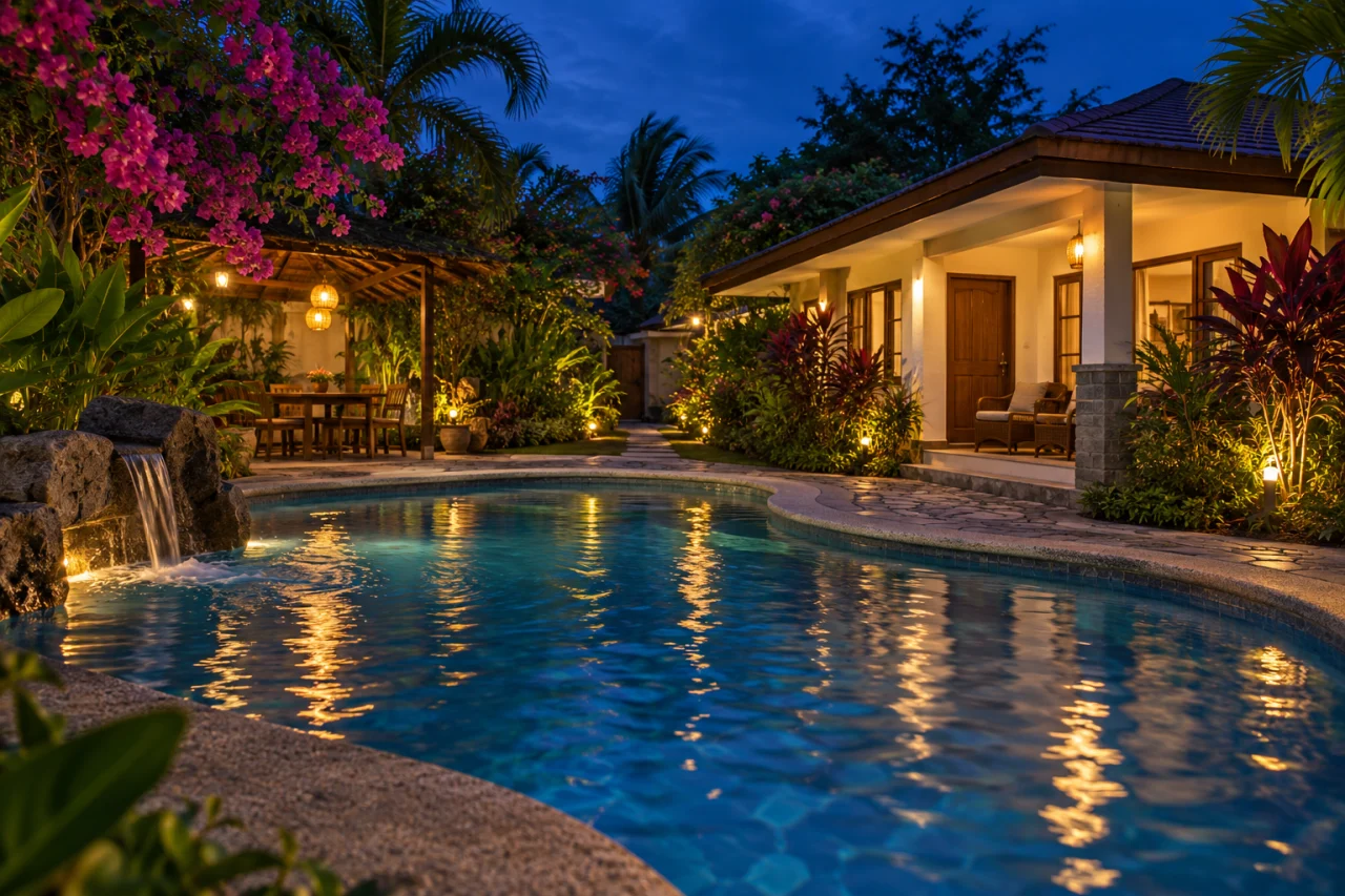 Editorial concept of an intimate tropical pool courtyard at blue hour